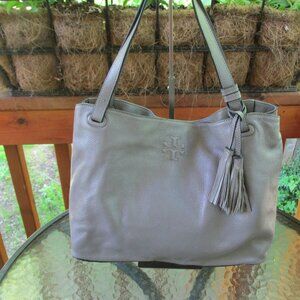Tory Burch Gray Pebbled Leather Thea Center Zip Tote Bag